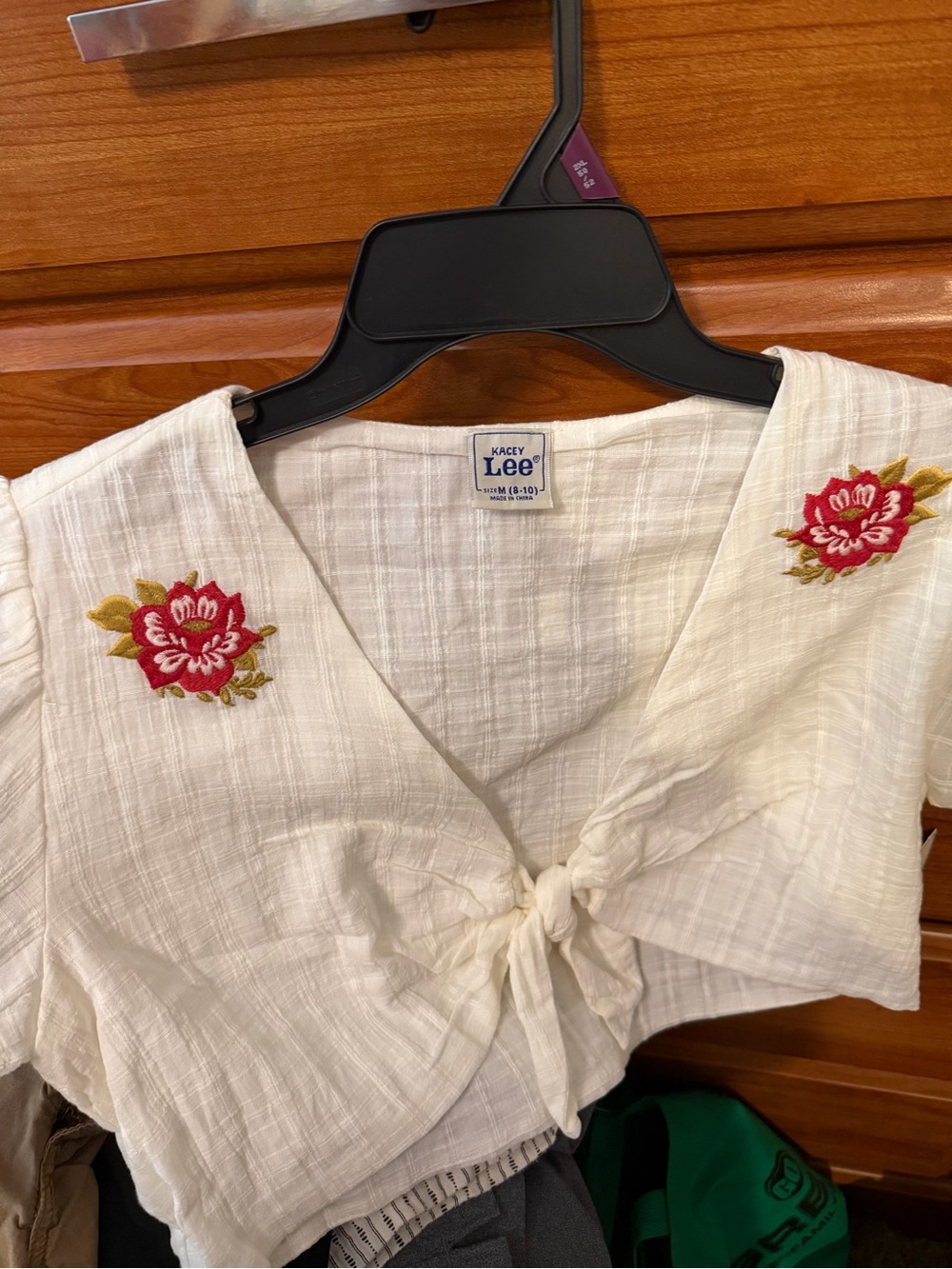 Kasey Lee (Musgraves) White Tie-Front Crop Top with Red Floral Embroidery